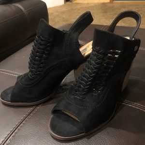 Suede, open toe, slingback heels